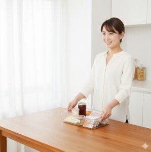 朝食セットは取っ手付きカゴにまとめる